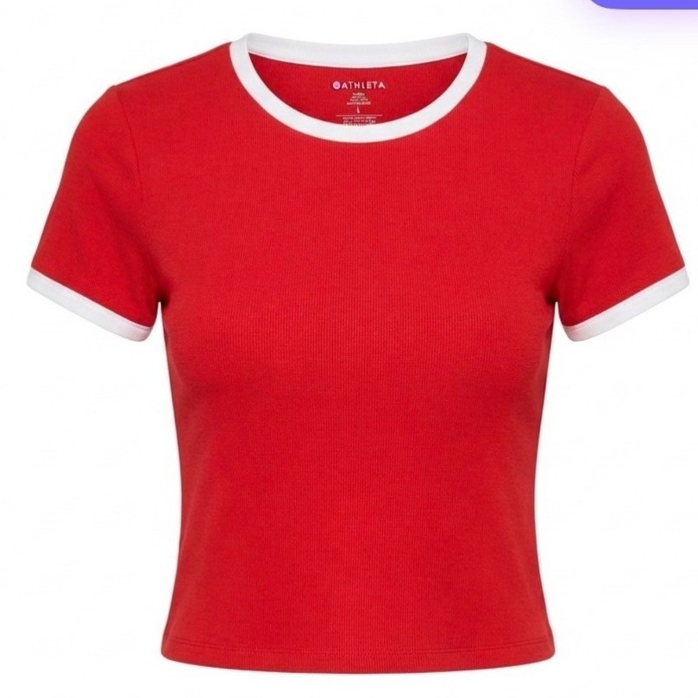 Athleta Red Ribbed Ringer T-Shirt White Trim Short Sleeve Crop Top Size L